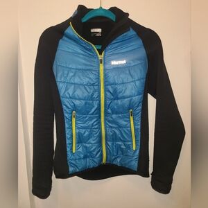 Marmot Blue and Black Jacket with Yellow Accents